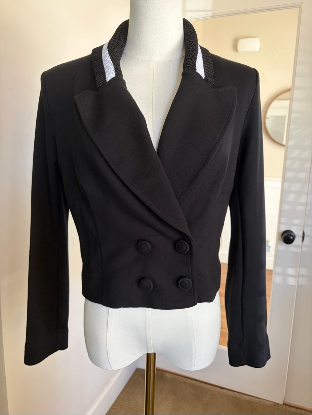 CAbi Black Double-Breasted Cropped Blazer with Contrast Trim